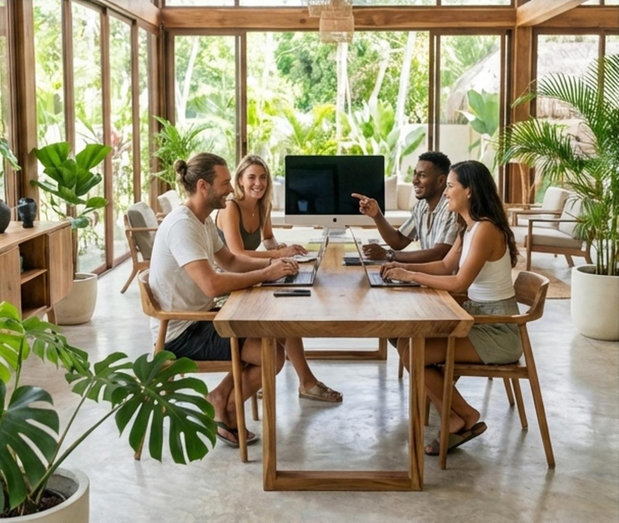 Tech builders meeting in a bright tropical coworking space
